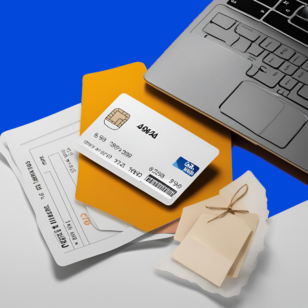 Image that shows a credit card and receipt on a desk with a laptop