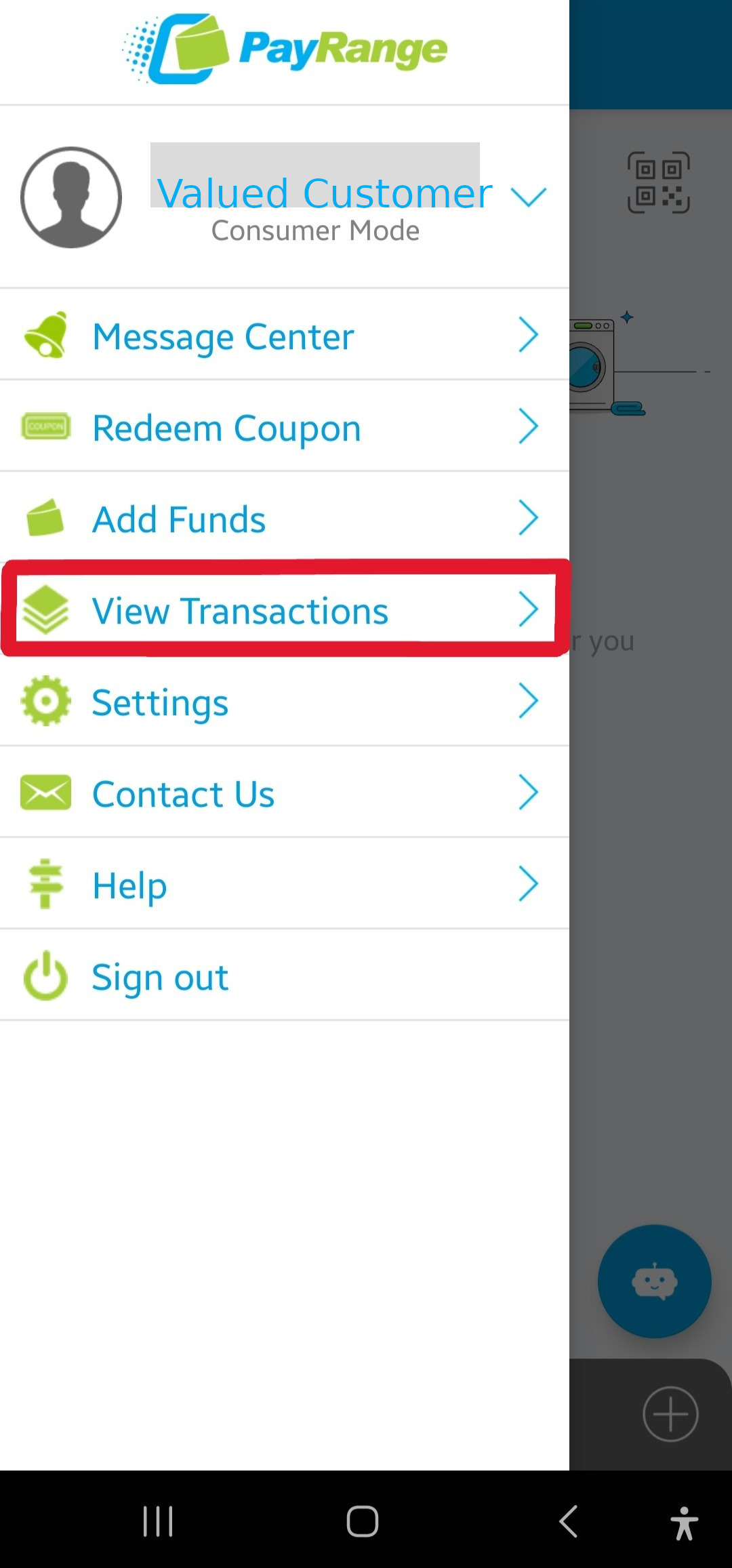 image that shows the payrange app menu with view transactions highlighted