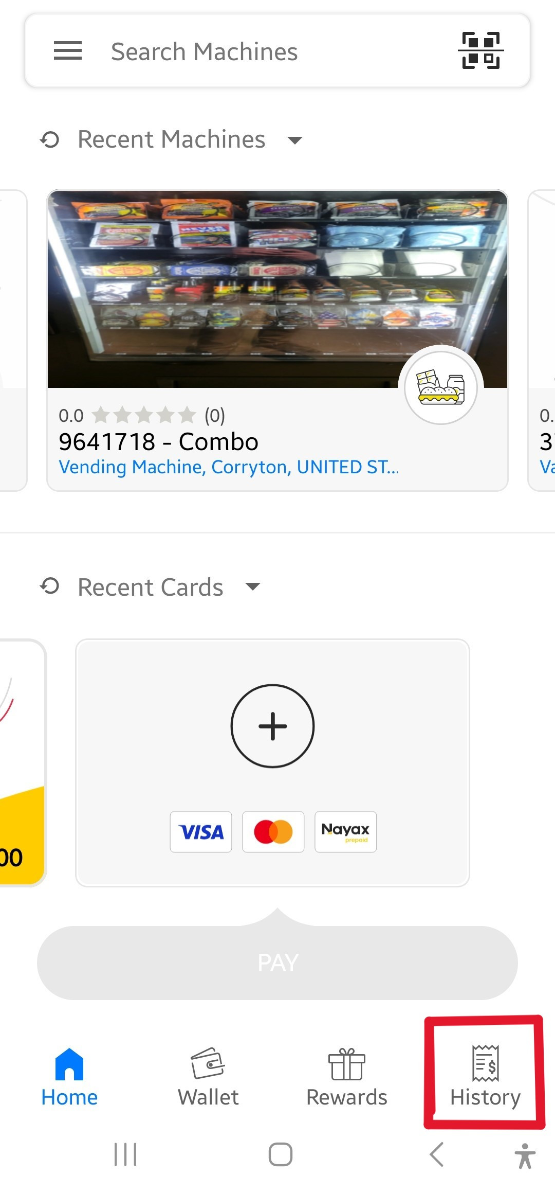 Image that shows the main screen of the monyx wallet app with history navigation highlighted