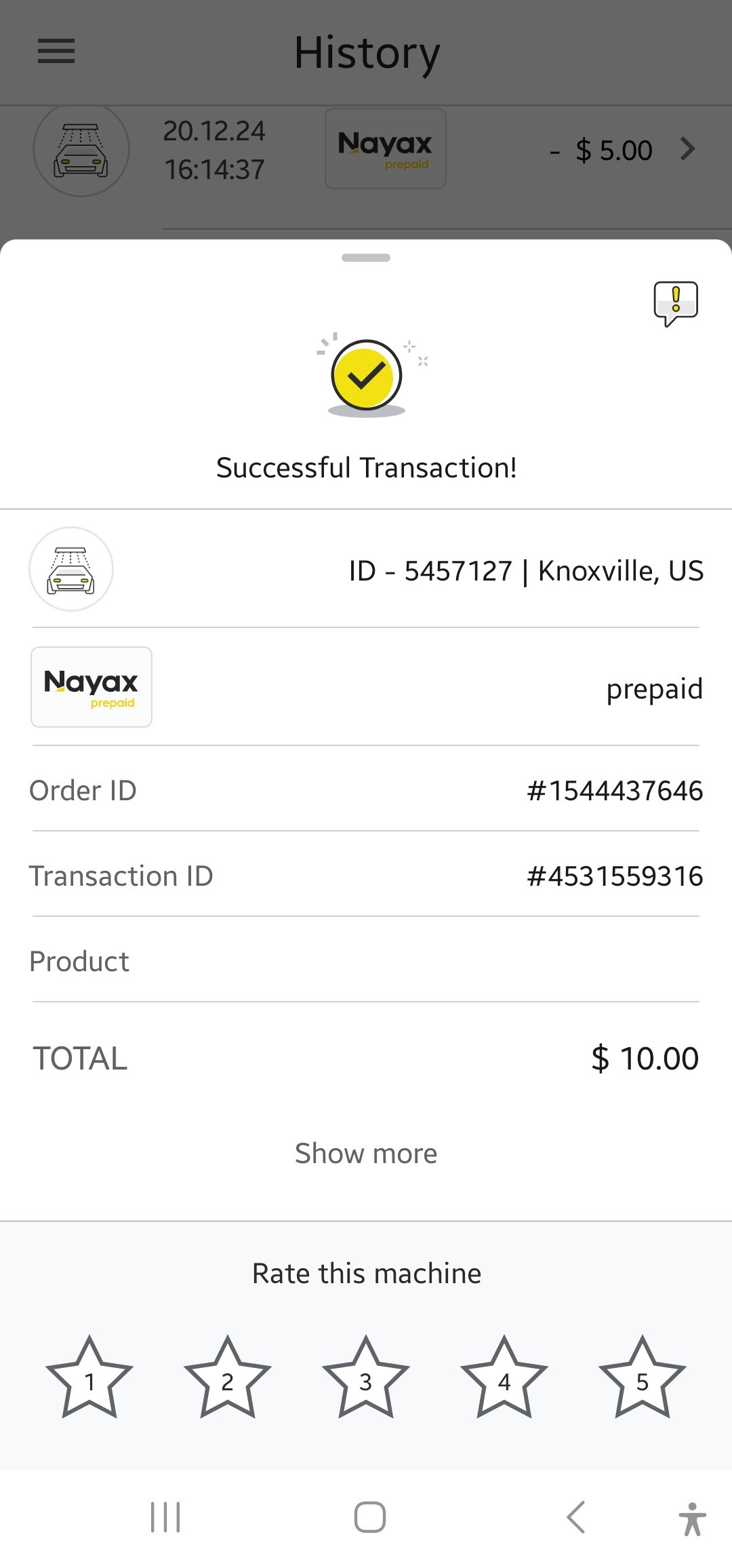 Image that shows an example detailed transaction from the monyx wallet app
